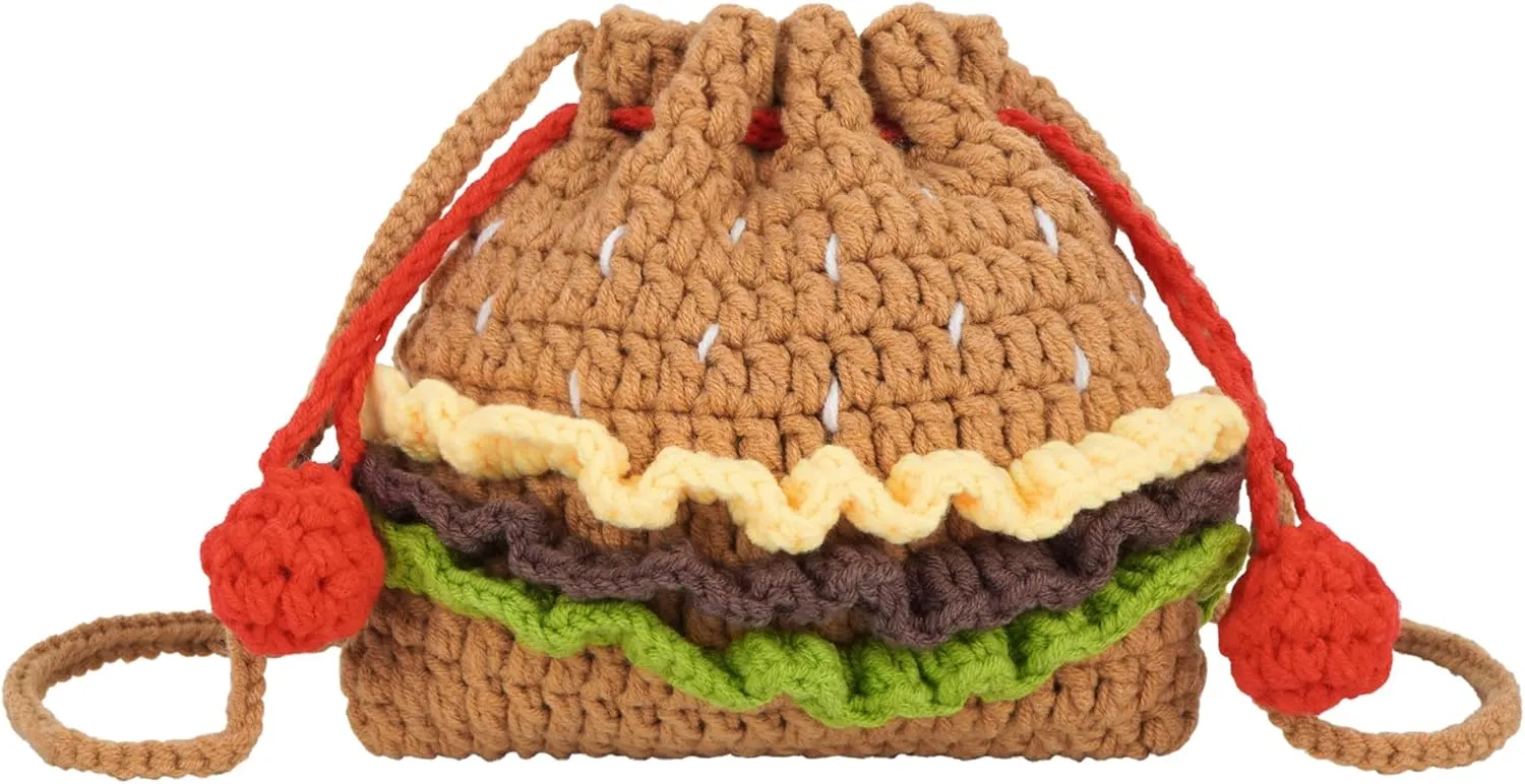 Women Girls Mini Hamburger Design Knitting yarn Woven Crossbody Shoulder Bag Drawstring Bucket Bag
