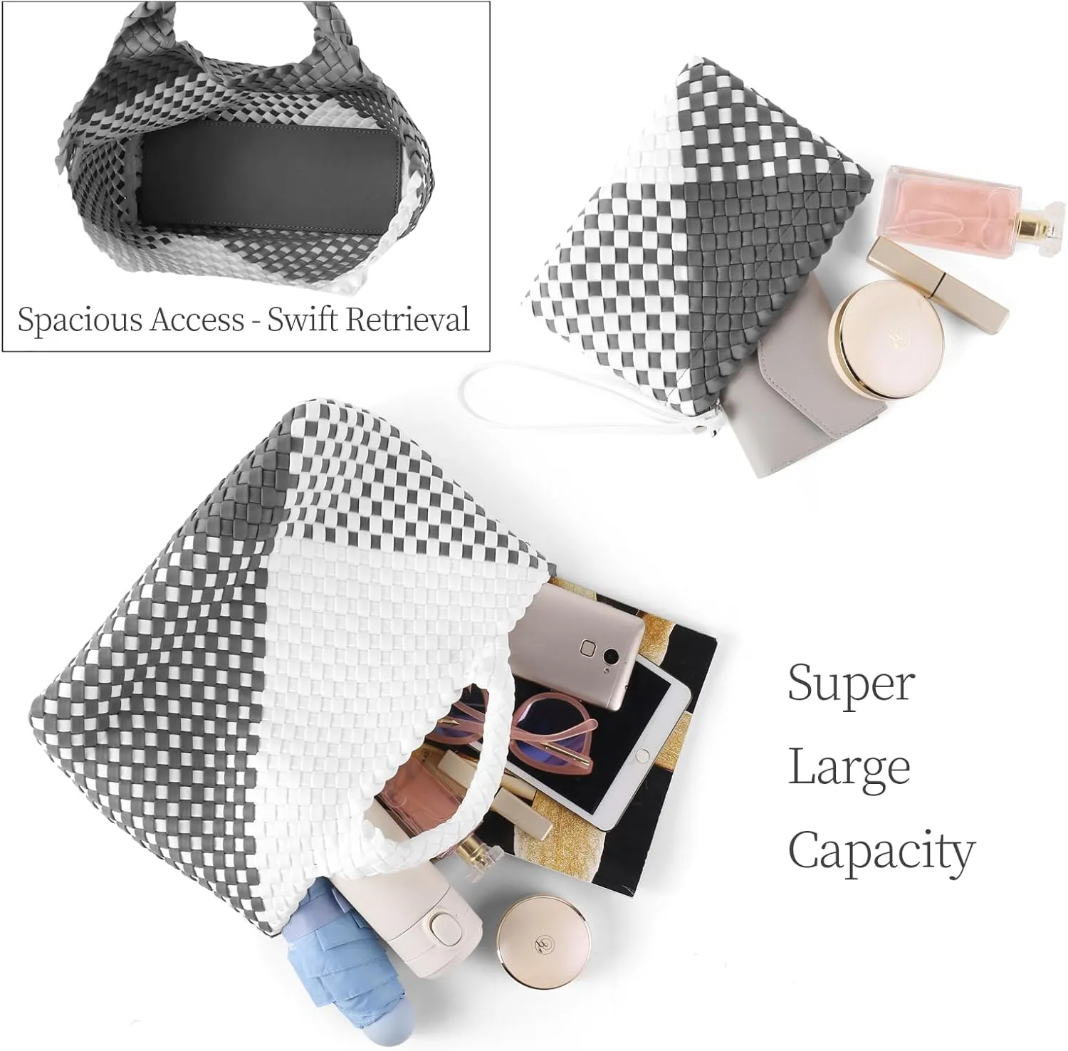 Woven Bag for Women Neoprene Tote Bag Summer Beach Travel Handbag and Purse Lightweight Foldable Retro Handmade Shoulder Bag