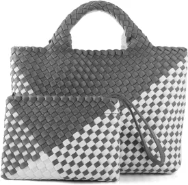 Woven Bag for Women Neoprene Tote Bag Summer Beach Travel Handbag and Purse Lightweight Foldable Retro Handmade Shoulder Bag