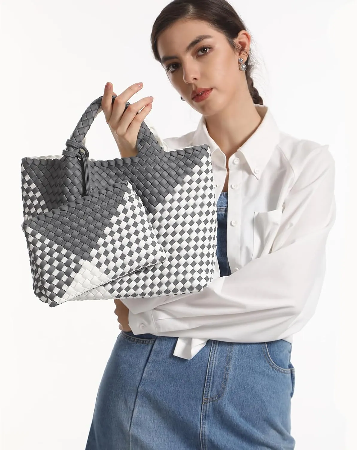 Woven Bag for Women Neoprene Tote Bag Summer Beach Travel Handbag and Purse Lightweight Foldable Retro Handmade Shoulder Bag