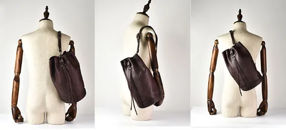 YAAGLE Mens' Cool Tanned Leather Drawstring Bucket Shoulder Bag YG8234