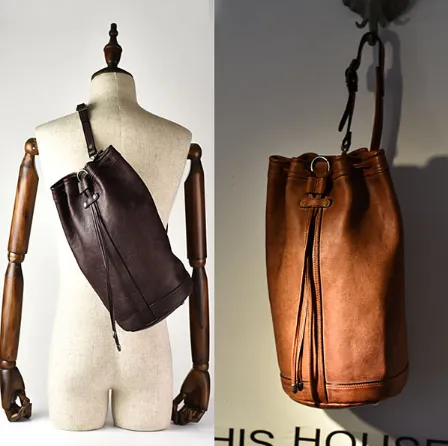 YAAGLE Mens' Cool Tanned Leather Drawstring Bucket Shoulder Bag YG8234
